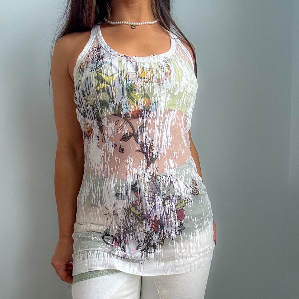 Y2K Vintage Miss Sixty Sheer Mesh Graphic Top, Printed Downton Girl Tank Top (M)